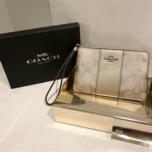 Coach Gold Metallic Wristlet with Gift Box. Brand New, Never Used!